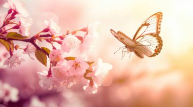 Pembe çiçekli ve kelebekli bahar arkaplanı. Çiçek açan ağaç ve güneş ışığıyla güzel bir doğa sahnesi