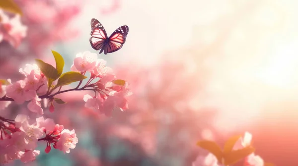 stock image Spring background with pink blossom and fly butterfly. Beautiful nature scene with blooming tree and sun flare