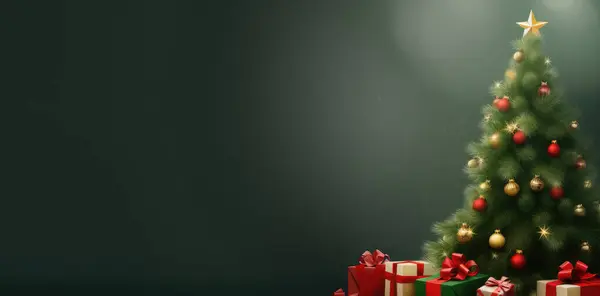 Noel ağacı ve Noel hediyeleri. Noel afişi veya tebrik kartı tasarımı