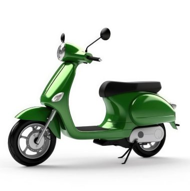 Beyaz arkaplanda yeşil elektrikli scooter izole edildi
