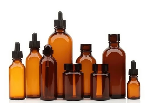 Różne Butelki Szkła Bursztynowego Kosmetyków Medycyny Naturalnej Olejków Eterycznych Lub — Zdjęcie stockowe