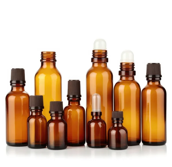 Varias Botellas Vidrio Ámbar Para Cosméticos Medicina Natural Aceites Esenciales —  Fotos de Stock