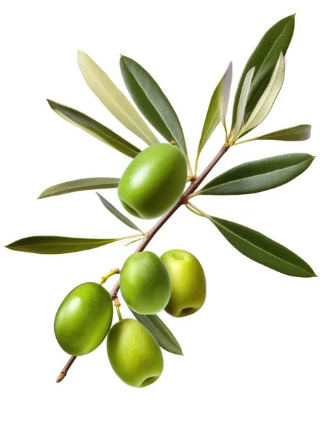 stock image Fresh olive twig with several green olives on it, isolated on white background, top view