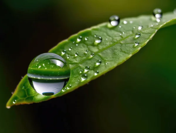 Large Dewdrop Hangs Tip Green Leaf Close — Stock Photo, Image