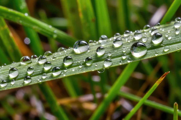 Riesige Reflektierende Wassertröpfchen Auf Einem Grashalm Regenbogeneffekt Brechung Nahaufnahme — Stockfoto