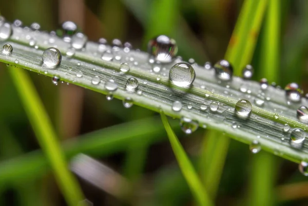 Riesige Reflektierende Wassertröpfchen Auf Einem Grashalm Regenbogeneffekt Brechung Nahaufnahme — Stockfoto