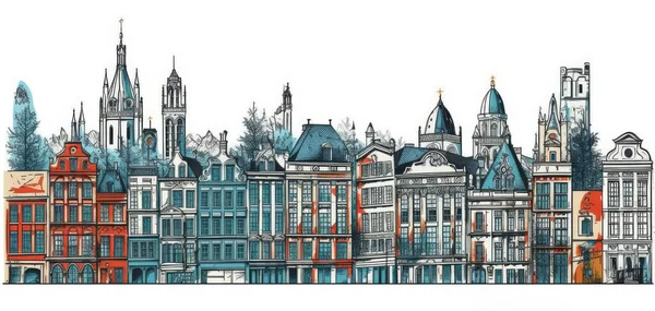 Εικονογράφηση Της Πόλης Των Βρυξελλών Βέλγιο Ανοιχτό Λευκό Φόντο — Φωτογραφία Αρχείου
