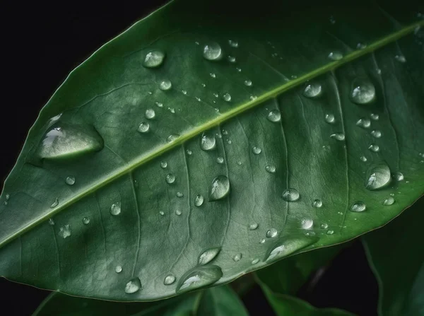 Regentropfen Auf Der Oberfläche Eines Grünen Blattes Nahaufnahme — Stockfoto