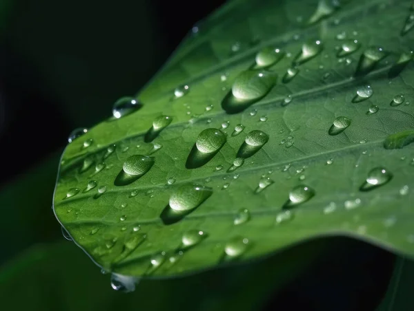 Σταγόνες Βροχής Στην Επιφάνεια Ενός Πράσινου Φύλλου Κλείσε — Φωτογραφία Αρχείου