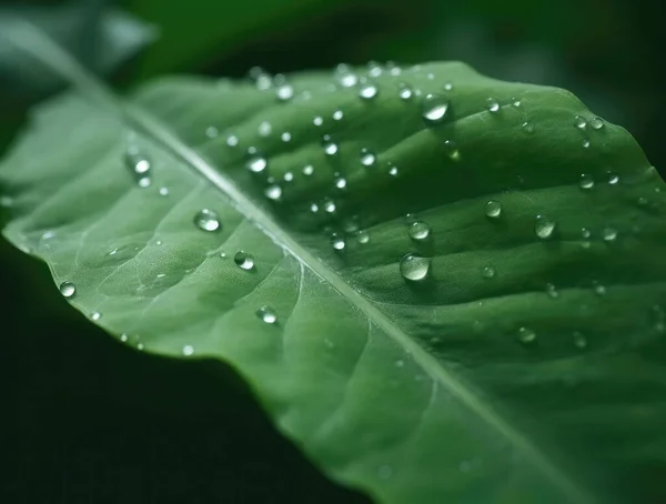 Regentropfen Auf Der Oberfläche Eines Grünen Blattes Nahaufnahme — Stockfoto