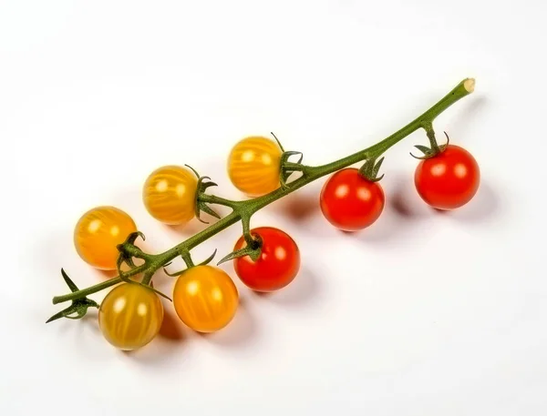 Tomates Cherry Rojos Amarillos Una Ramita Aislados Sobre Fondo Blanco — Foto de Stock