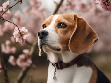 Sakura ağacının önündeki av köpeği portresi.