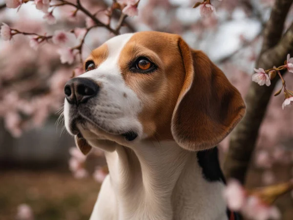 Beagle dog portrait in front of blooming sakura tree