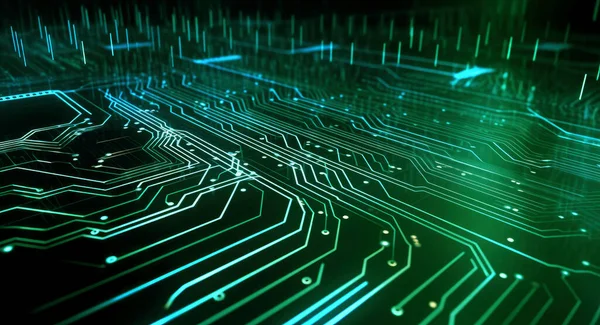 stock image An illustration of software running on a computer chip, green color scheme, looking futuristic