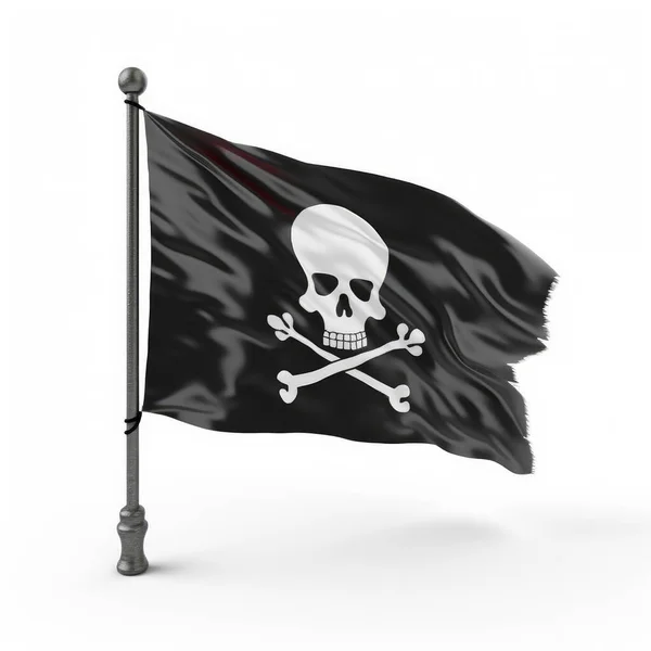 Pirate flag with a skull and crossbones on a flagpole over white background