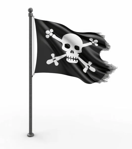 Piratenvlag Met Een Schedel Kruisbeenderen Een Vlaggenmast Boven Witte Achtergrond — Stockfoto