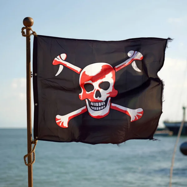 Pirate Flag Skull Crossbones Flagpole Background Sea — Stock Photo, Image