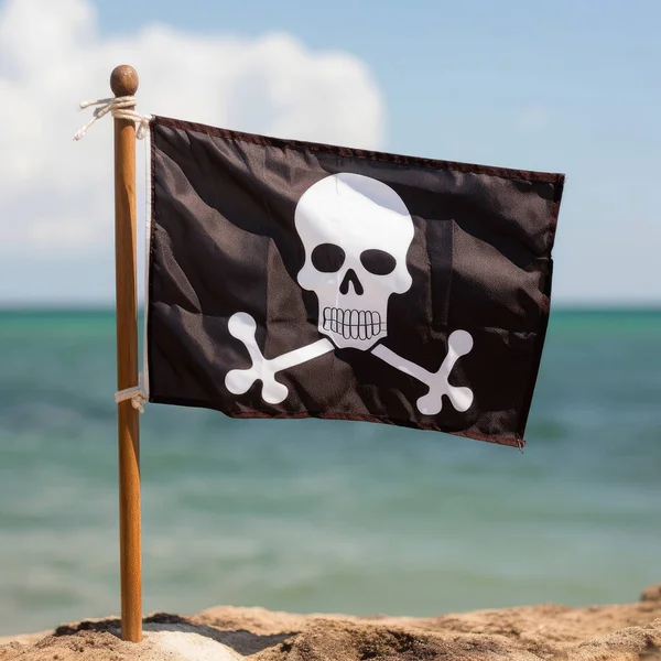 Pirate Flag Skull Crossbones Flagpole Background Sea — Stock Photo, Image
