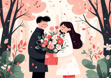 Mutlu bir çift elinde çiçeklerle şehirde dolaşıyor.