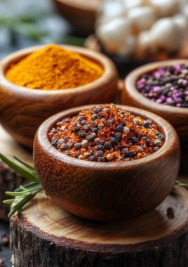 eski ahşap masa üzerinde çeşitli baharatlar