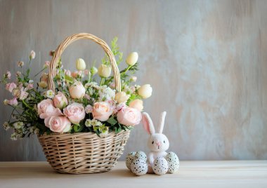 Paskalya yumurtaları ve bahar çiçekleriyle dolu Paskalya sepeti