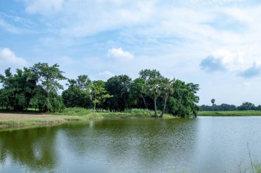 Orman göl ve dramatik gökyüzü ile çevrili.