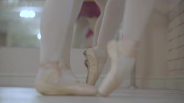 ballerinas doing ballet exercises. legs in ballet pointe shoes