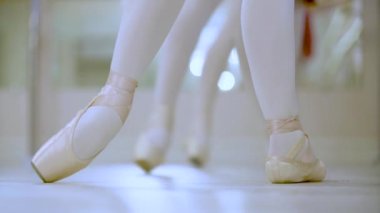 ballerinas doing ballet exercises. legs in ballet pointe shoes