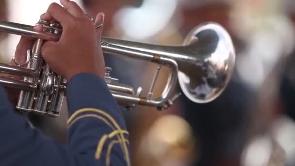 Een Man Een Blauw Uniform Speelt Glimmend Een Trompet Alleen — Stockvideo