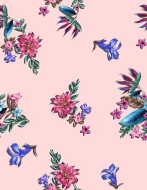 Seamless Flowers and Leaves Design on Colored Background, Ready for Textile Prints.