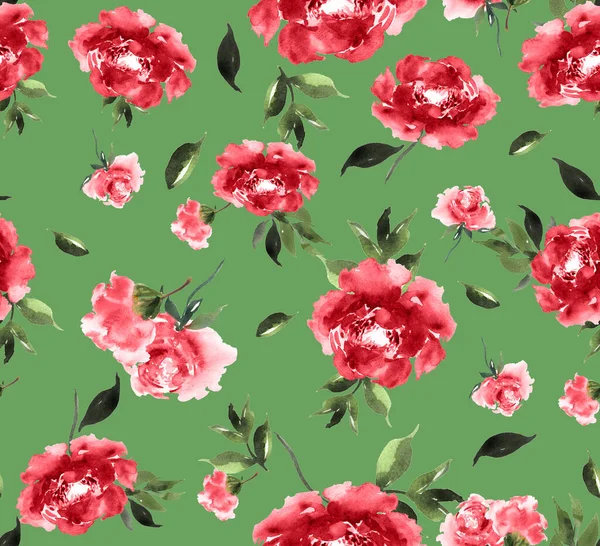 Nahtloses Aquarell Floral Design Auf Grünem Hintergrund Bereit Für Textildrucke — Stockfoto