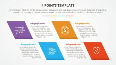 Düz stil vektörü olan çarpık dikdörtgen 4 nokta listesi ile slayt sunumu için 4 nokta sahne şablonu bilgi şablonu kavramı