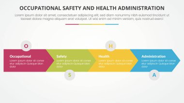 osha İş Güvenliği ve Sağlık İdaresi, düz stil vektörü olan ve ok şekli yatay yön listesi 4 olan slayt sunumu için bilgi şablonu şablonu