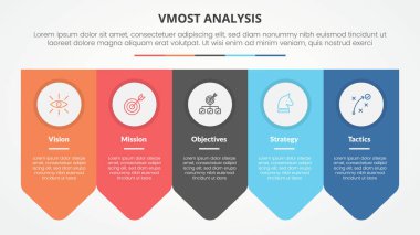 vmost analiz şablonu slayt sunumu için 5 nokta listesi ve düz stil vektörü ile ok rozeti simetrik yatay konsept