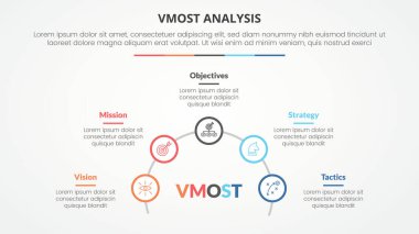 vmost analiz şablonu slayt sunumu için 5 nokta listeli yarım daire çizgisi ve düz biçim vektörü olan slayt dairesi ile bilgi şablonu kavramı