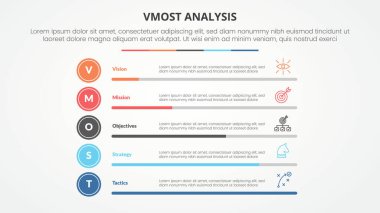 vmost analiz şablonu slayt sunumu için 5 nokta listeli yüzde çubuk işlem yığınıyla düz biçim vektörü ile bilgi şablonu kavramı