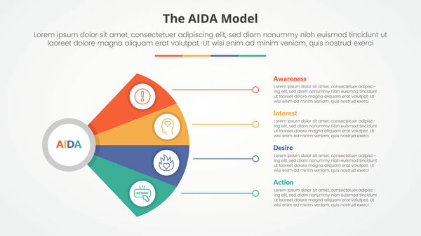 AIDA marketing model infographic concept for slide presentation with fan propeller shape with line connection with 4 point list with flat style vector