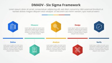 DMADV 6 sigma çerçeve metodoloji konsepti altıgen ya da altıgen şekil zaman çizgisi biçimi ile düz biçim vektörü ile 5 nokta listesi