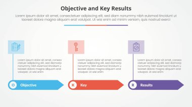 OKR objectives and key results framework infographic concept for slide presentation with rectangle arrow and banner on header top with 3 point list with flat style vector clipart