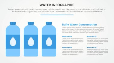 su bilgi teması slayt sunumu için günlük su tüketimi ile düz stil vektör içeren 3 nokta listeli şişe camı konsepti