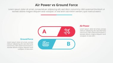 air power vs ground force comparison opposite infographic concept for slide presentation with round outline stack shape with flat style vector clipart