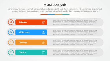 Düz stil vektörü olan 4 nokta listeli uzun yuvarlak dikdörtgen kutu yığınıyla slayt sunumu için MOST analizi bilgi kavramı