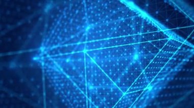 Koyu mavi arkaplan üzerinde Blockchain kavramı ile dönen plexus wirefram küpü.