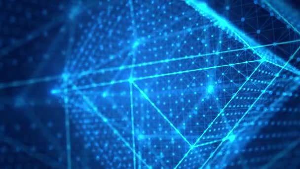 Roterande Plexus Wireframe Kub Med Blockchain Koncept Över Mörkblå Bakgrund — Stockvideo