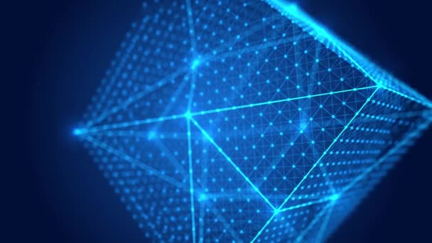 Cube Pivotant Fil Plexus Avec Concept Blockchain Sur Fond Bleu — Video