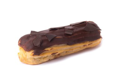 eclair with chocolate glaze isolated on white background. Food concept. Top view