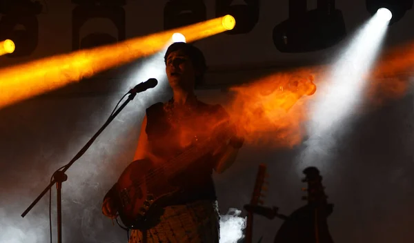 Vrouwelijke Bassist Treedt Tijdens Een Concert — Stockfoto