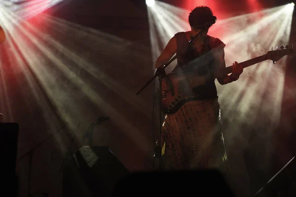 Vrouwelijke Bassist Treedt Tijdens Een Concert — Stockfoto