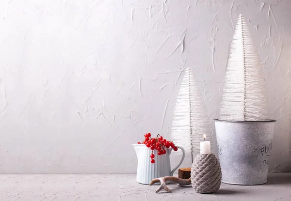 Winter Decorations Grey Red Blue Burning Candle Jug Winter Berries — Stock Photo, Image