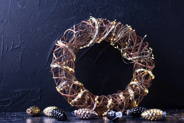 Symbol Christmas New Year Handmade Wreath Bright Fairy Ligts Glass — Stock Photo, Image